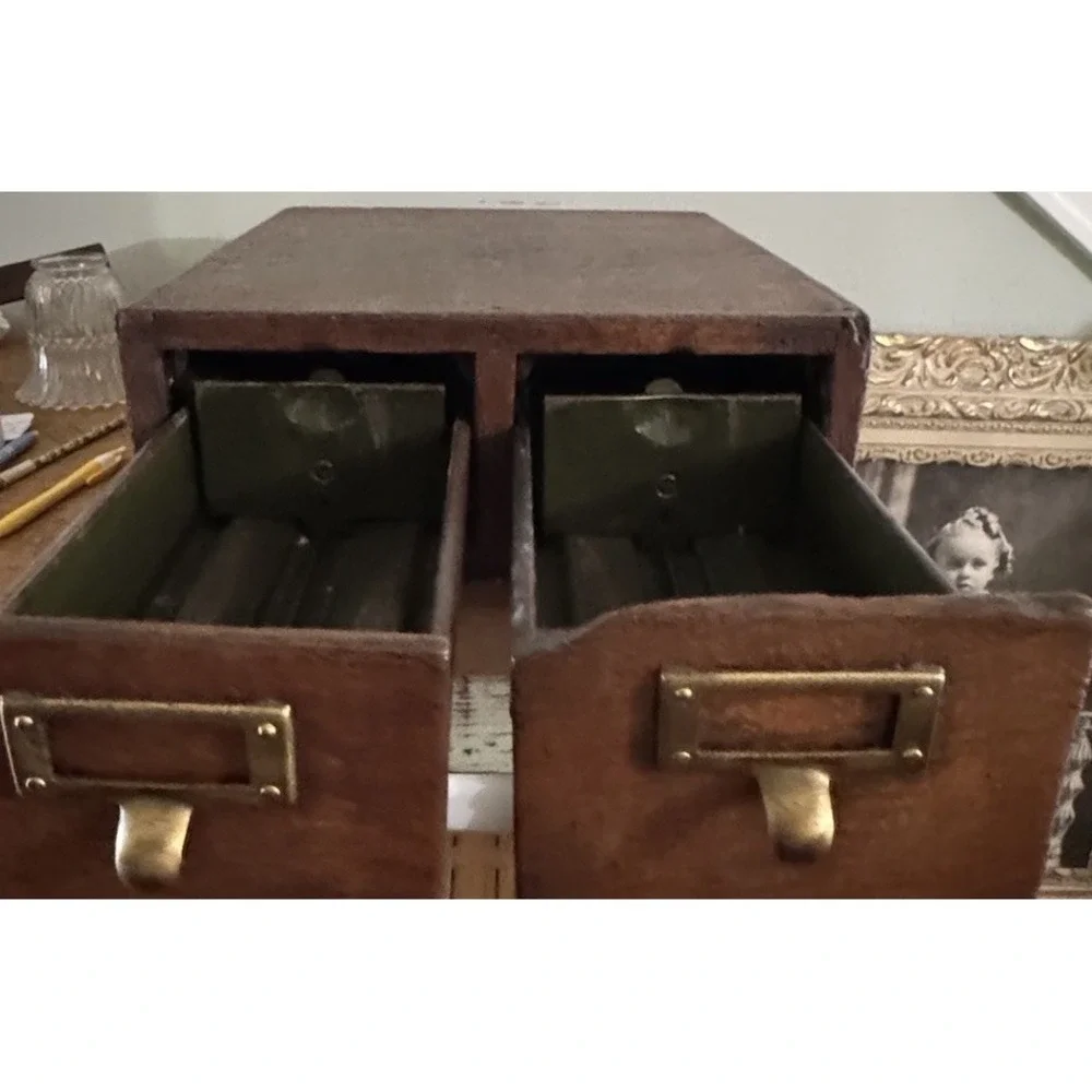 Antique Remington Rand Card Catalog 2 Drawer Library File Box Dovetail Oak